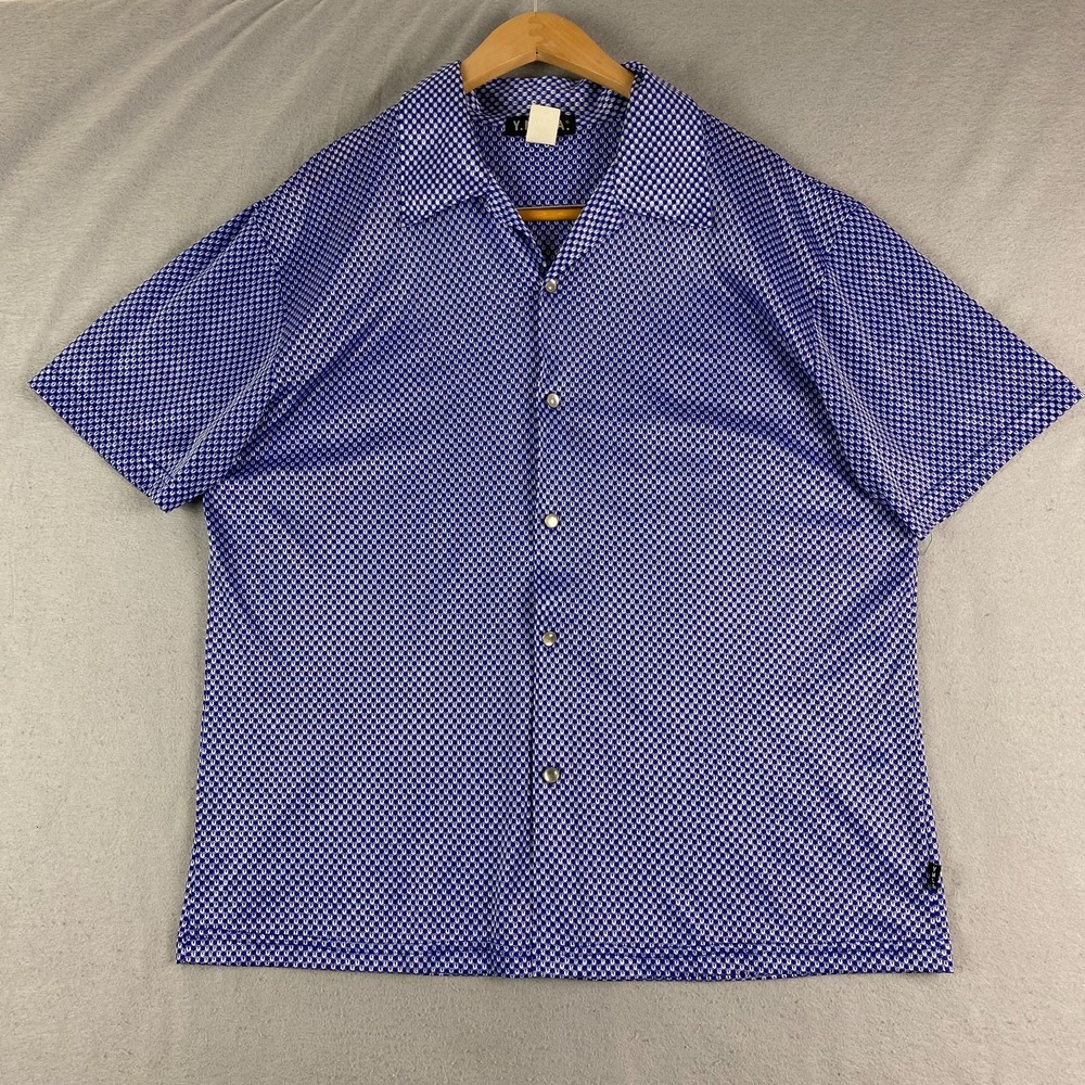YMLA Mens Shirt Large VTG Mesh Short Sleeve Button Up Blue Geometric